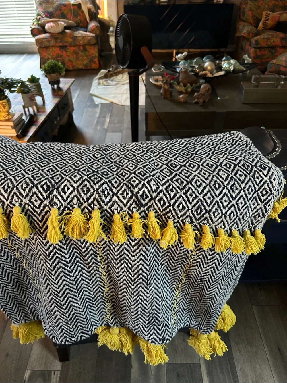 Large Navy & White Diamond Throw Blanket with Yellow Tassels NWOT